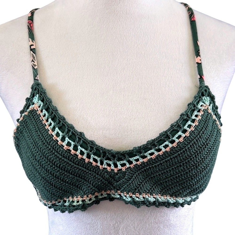 Xhilaration Women's S Boho Festival Green Crochet Bikini Tie Swimsuit Top